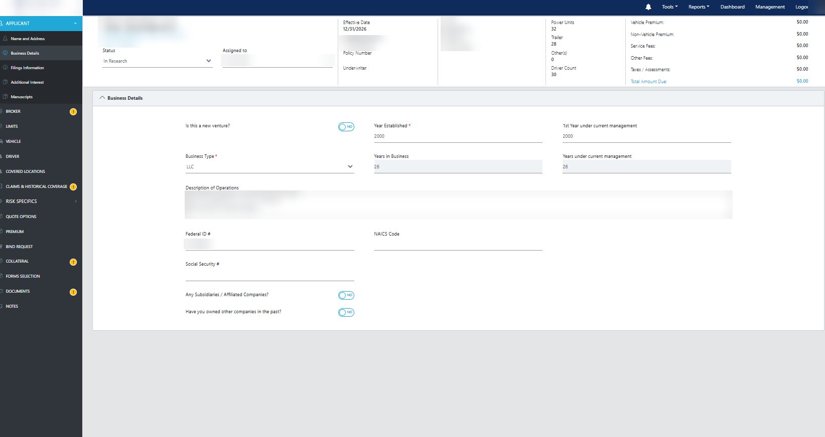 Business details entered in an online application system