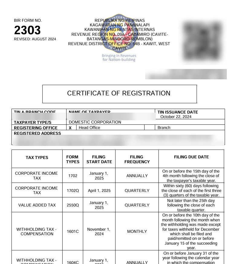 BIR Certificate of Registration with private details hidden
