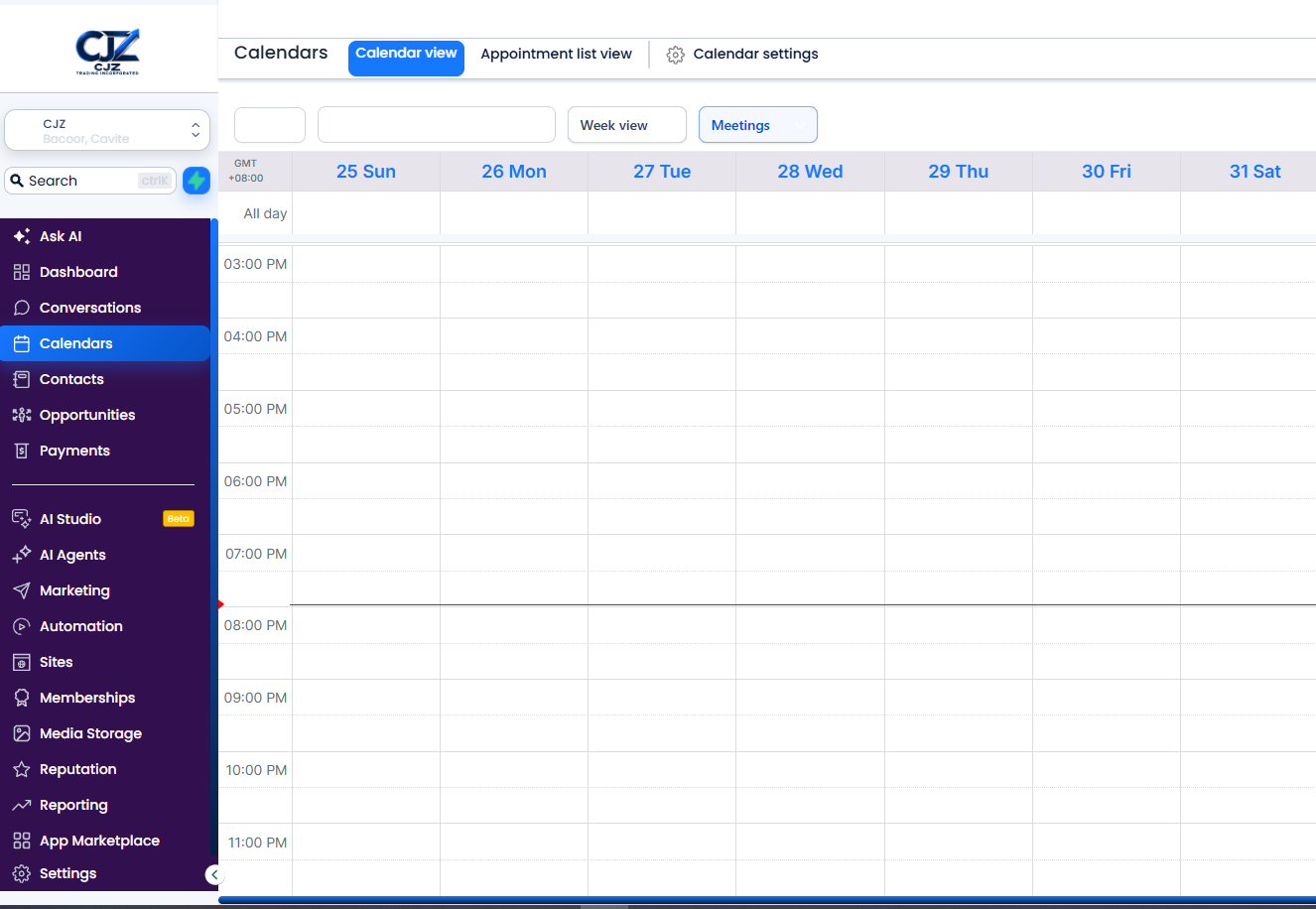 GoHighLevel calendar in week view, set up in a practice account