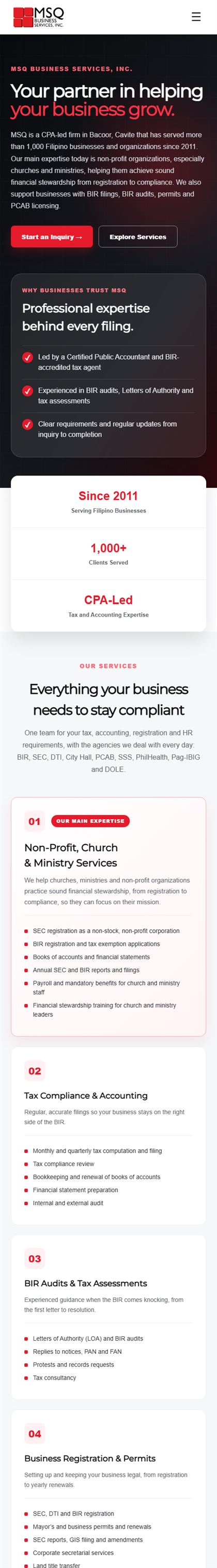 Mobile view of the MSQ Business Services homepage